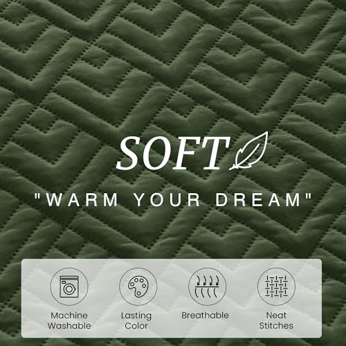 EXQ Home Quilt Set Full Quilts Queen Size Olive Green 3 Piece,Lightweight Soft Coverlet Modern Style Squares Pattern Bedspread Set(1 Quilt,2 Pillow Shams) - Image 4