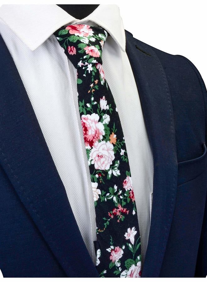 GUSLESON Fashion 2.4"（6cm） Cotton Flora Printed Necktie Tie Clip and Pocket Square Sets + Gift Box, Black - Image 4