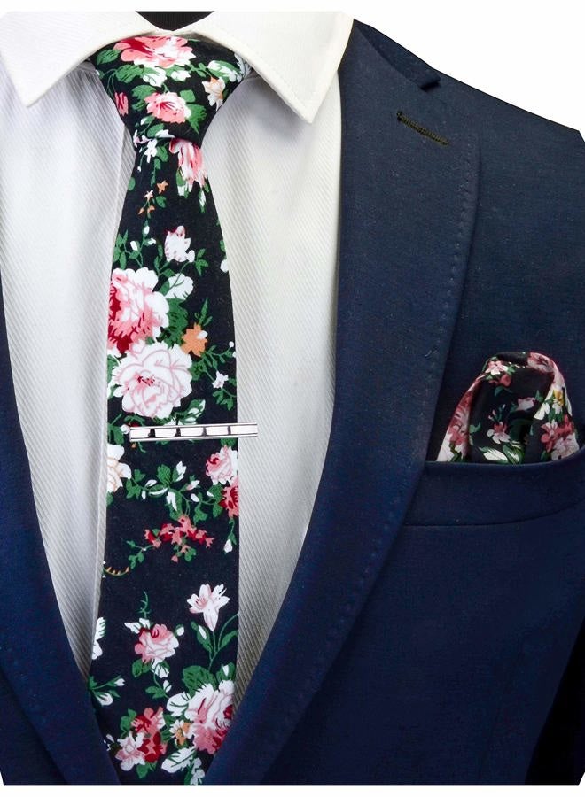 GUSLESON Fashion 2.4"（6cm） Cotton Flora Printed Necktie Tie Clip and Pocket Square Sets + Gift Box, Black - Image 2