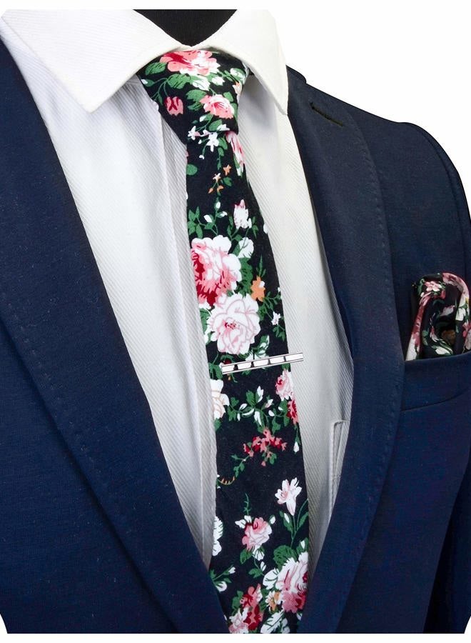 GUSLESON Fashion 2.4"（6cm） Cotton Flora Printed Necktie Tie Clip and Pocket Square Sets + Gift Box, Black - Image 3