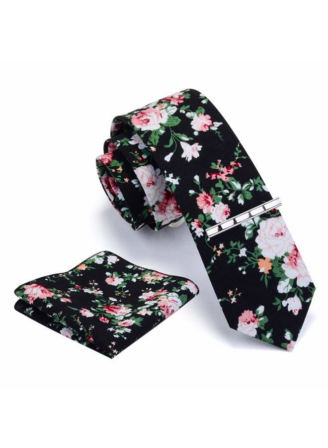 GUSLESON Fashion 2.4"（6cm） Cotton Flora Printed Necktie Tie Clip and Pocket Square Sets + Gift Box, Black - Image 1