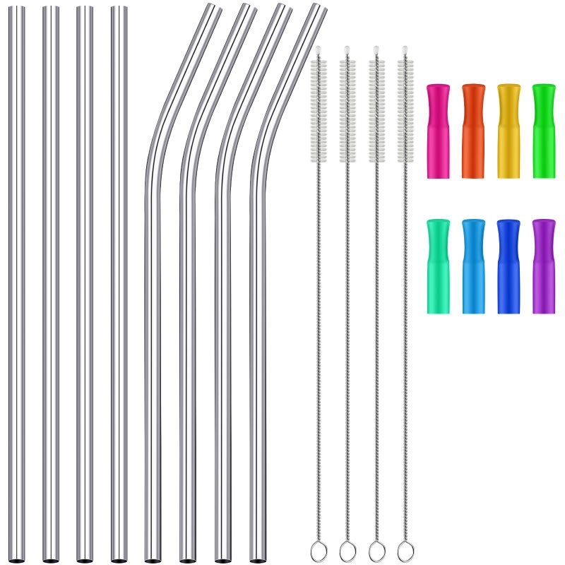 Suclain 20 Pieces 14 Inch Stainless Steel Straws Extra Long Reusable Metal Drinking Straws for 100 oz Tumblers with Silicone Tips and 4 Pieces Cleaning Brush