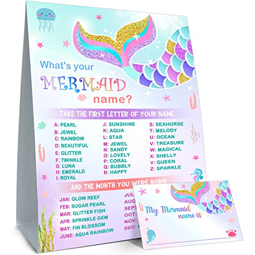ALodr What is Your Mermaid Name Game - Sign & 30 Cards, Mermaid Birthday Party Sign for Girls, Wedding, Anniversary, Holiday Activity - Image 1