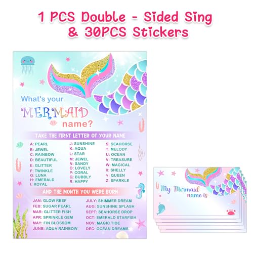 ALodr What is Your Mermaid Name Game - Sign & 30 Cards, Mermaid Birthday Party Sign for Girls, Wedding, Anniversary, Holiday Activity - Image 2