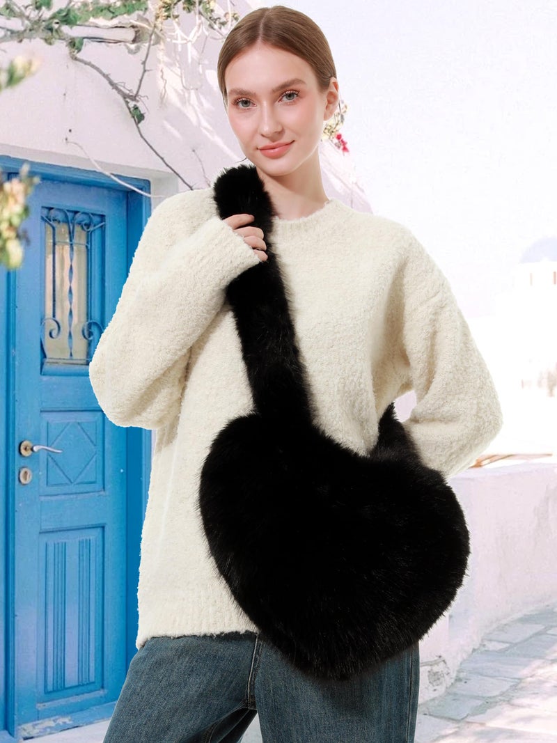 LA CARRIE Women's Faux Fur Heart Shaped Shoulder Bags Crossbody Bag Fluffy Handbags Furry Y2k Tote Purses(Black) - Image 3