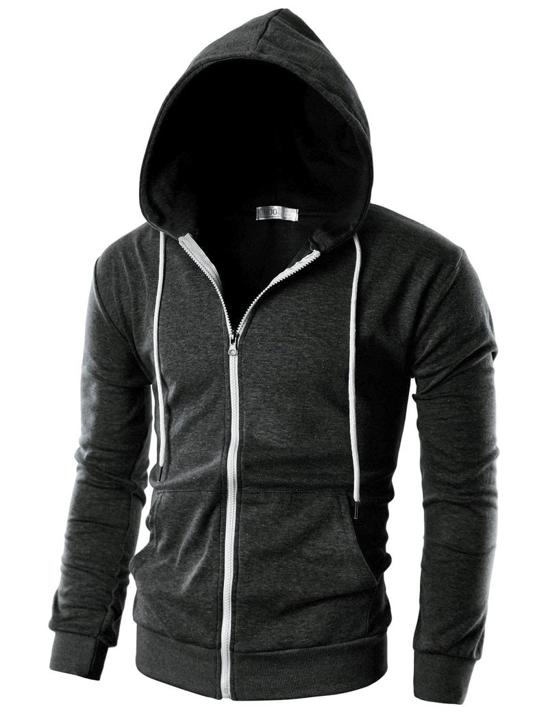 Ohoo Men's Zip Up Hoodie Lightweight Slim Fit Sweatshirt Full Zip Hooded Jacket / DCF002-CHARCOAL-XL - Image 1