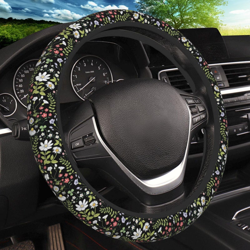 KARREAL Garden Plants Floral Elastic Steering Wheel Cover, Non-Slip Breathable Neoprene Steering Wheel Covers, Women Car Accessories, Universal 15 Inch Fit Auto, Suvs, Truck - Image 1