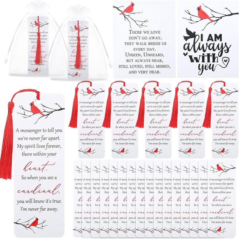 Geyoga Geyoga 50 Sets Funeral Gift Favors for Guests Included 50 Red Cardinal Bookmarks Memorial Bookmarks with Tassel 50 Sympathy Thank You Cards and Organza Bags Celebration of Life Favors for Memorial  - Image 1