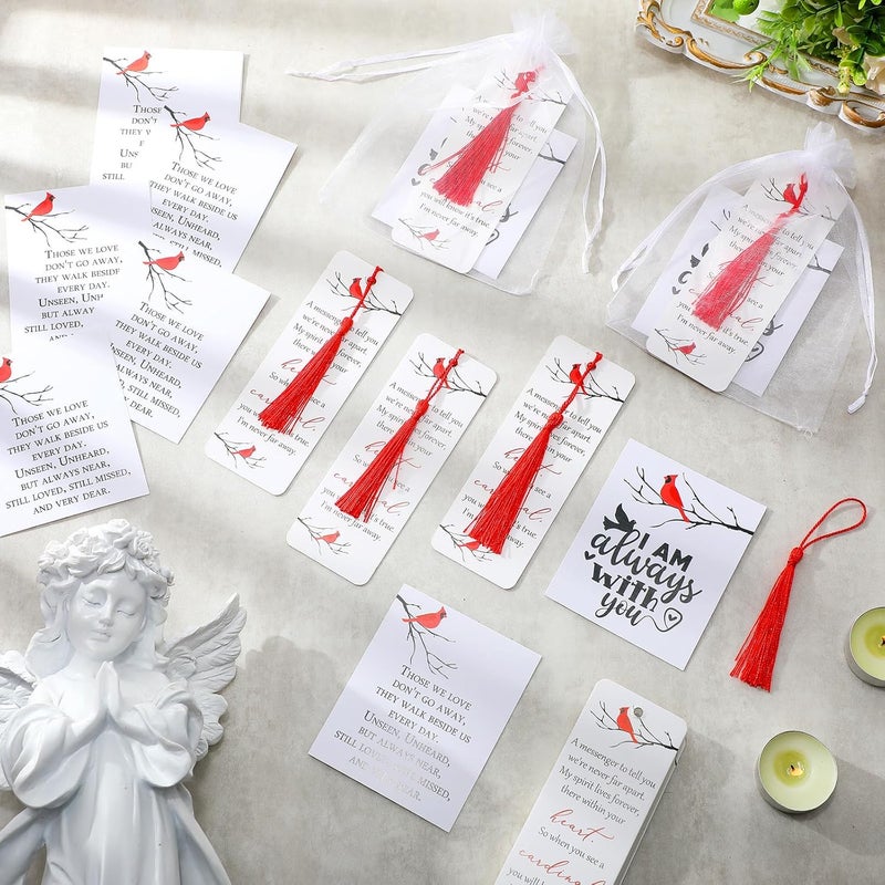Geyoga Geyoga 50 Sets Funeral Gift Favors for Guests Included 50 Red Cardinal Bookmarks Memorial Bookmarks with Tassel 50 Sympathy Thank You Cards and Organza Bags Celebration of Life Favors for Memorial  - Image 4