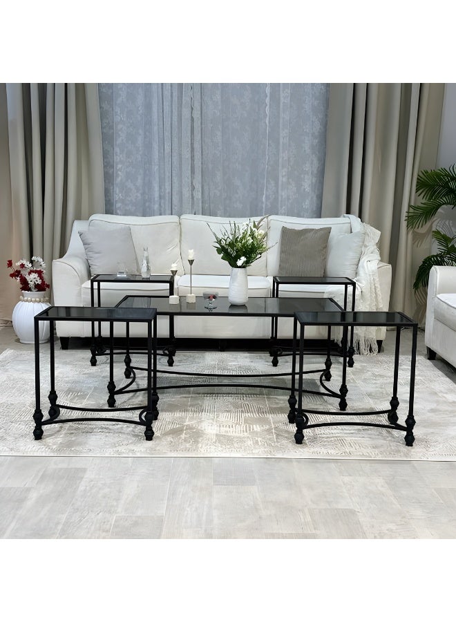 l'elefante 5-Piece Glass Coffee Table Set – Large Rectangular Table + 4 Nesting Side Tables – Clear Tempered Glass Top with Iron Frame – Modern Living Room Tables – Arabic Majlis Side Tables – Tea & Snack Serving Tables – Home, Office, Hotel, Reception  - Image 2