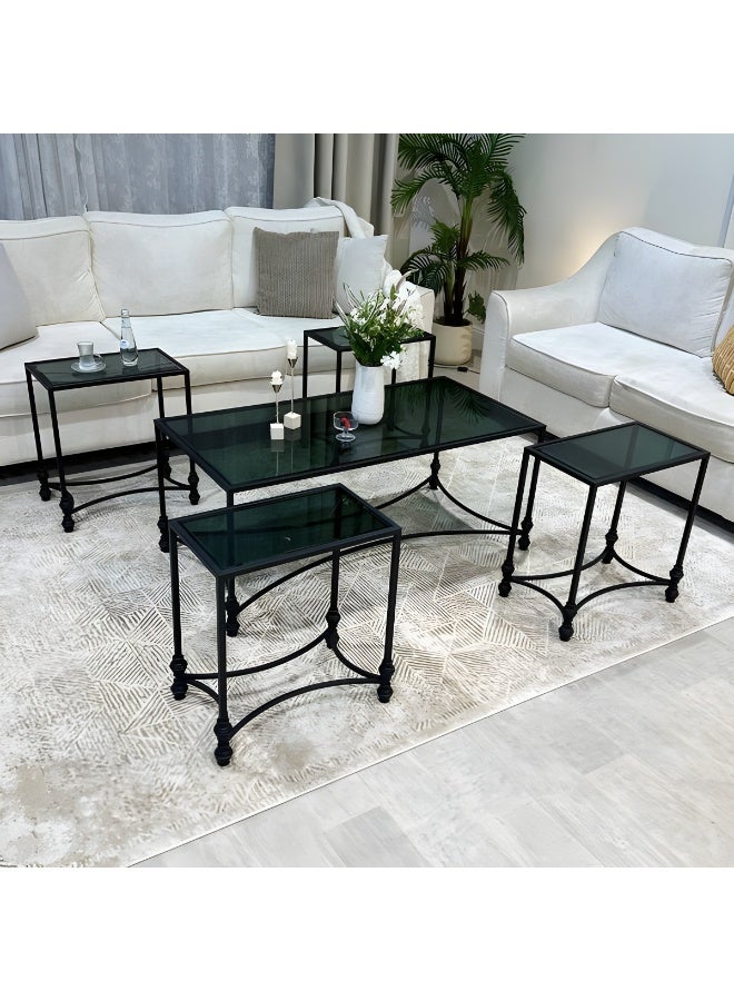 l'elefante 5-Piece Glass Coffee Table Set – Large Rectangular Table + 4 Nesting Side Tables – Clear Tempered Glass Top with Iron Frame – Modern Living Room Tables – Arabic Majlis Side Tables – Tea & Snack Serving Tables – Home, Office, Hotel, Reception  - Image 1