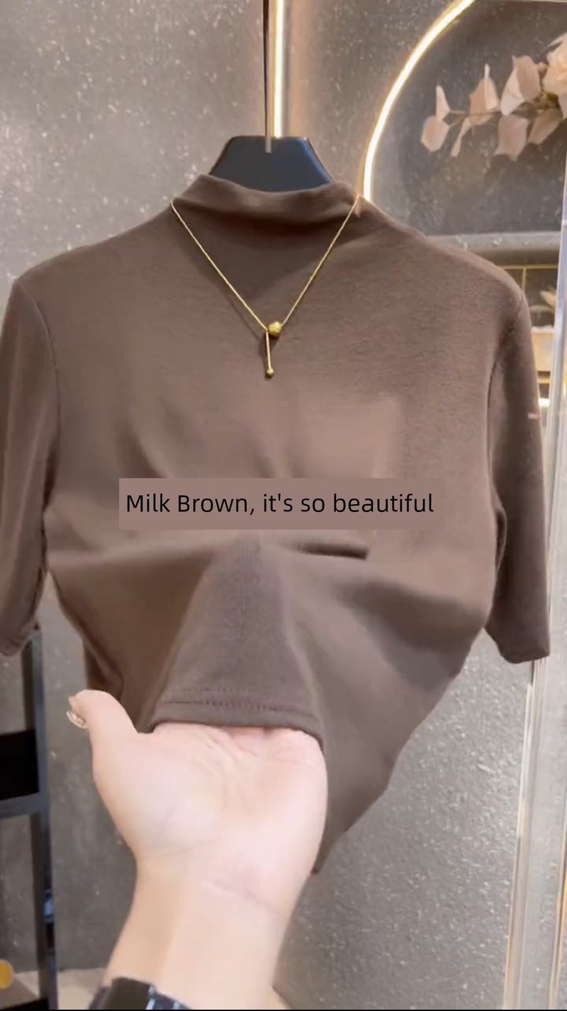 One-piece collar fashion shoulder half-high neck T-shirt, women's high-end feeling, trendy and versatile, slimming temperament, mid-sleeved inner top - Image 2