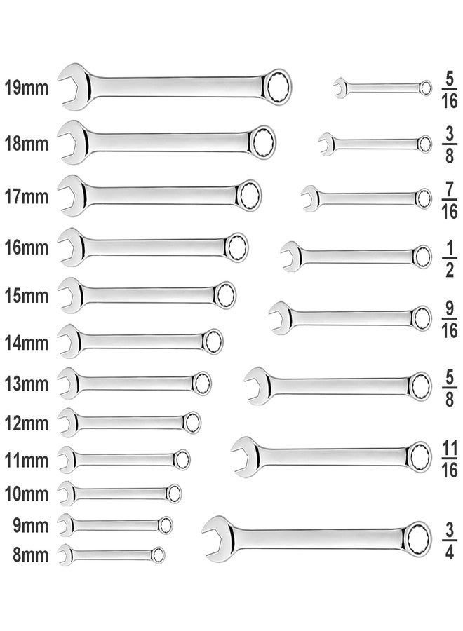 EFFICERE Max Torque 20-Piece Premium Metric and SAE Combination Wrench Set in Rack | Metric Size 8mm - 19mm, Inch Size 5/16” - 3/4” | Longer Wrench Body Design, Chrome Vanadium Steel, Unique V-Groove Open End - Image 3