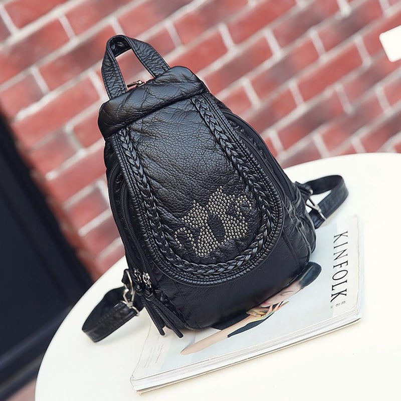 NIGEDU Vintage Embroidered Women Backpacks Soft PU Leather Backpack Purse Small Female Travel Bag Black Chest Packs (Cats) - Image 3