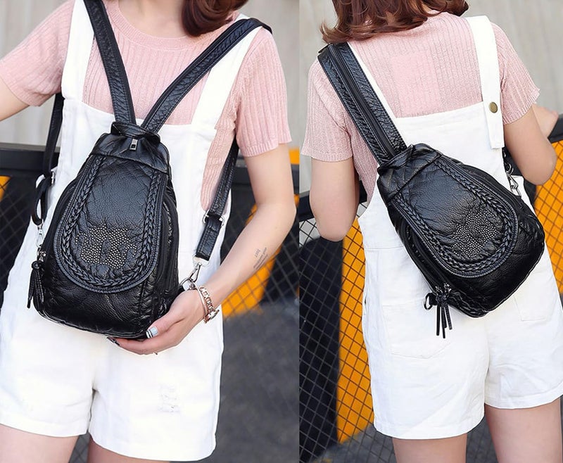 NIGEDU Vintage Embroidered Women Backpacks Soft PU Leather Backpack Purse Small Female Travel Bag Black Chest Packs (Cats) - Image 2