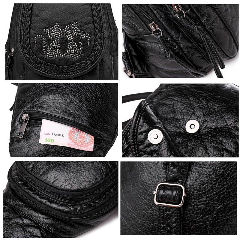 NIGEDU Vintage Embroidered Women Backpacks Soft PU Leather Backpack Purse Small Female Travel Bag Black Chest Packs (Cats) - Image 5