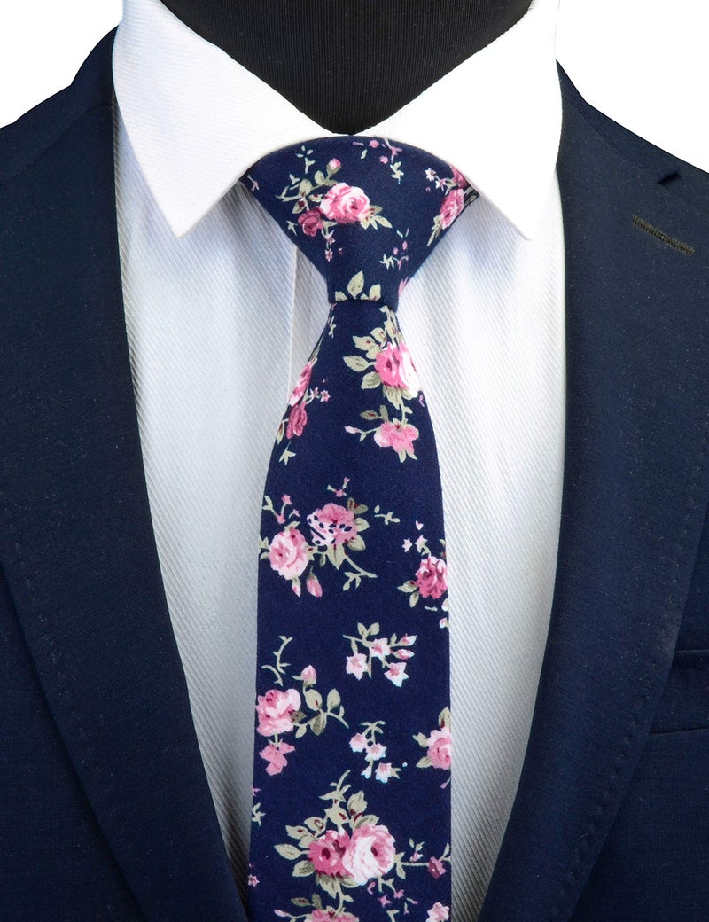 GUSLESON Mens Navy Blue Necktie and Pocket Square Skinny Cotton Tie Sets Slim Floral Ties for Men (0941-10) - Image 5
