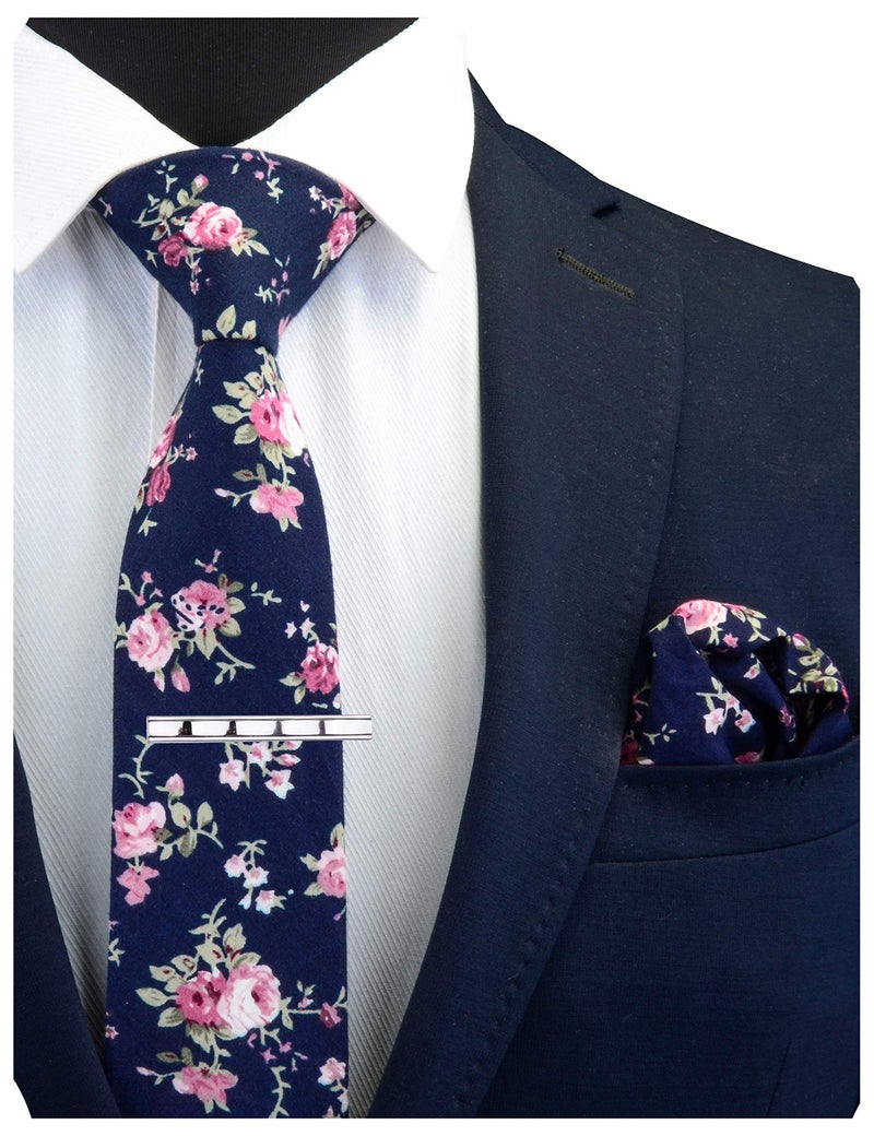GUSLESON Mens Navy Blue Necktie and Pocket Square Skinny Cotton Tie Sets Slim Floral Ties for Men (0941-10) - Image 3