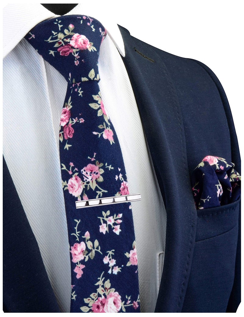 GUSLESON Mens Navy Blue Necktie and Pocket Square Skinny Cotton Tie Sets Slim Floral Ties for Men (0941-10) - Image 2