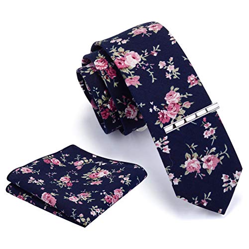 GUSLESON Mens Navy Blue Necktie and Pocket Square Skinny Cotton Tie Sets Slim Floral Ties for Men (0941-10) - Image 1