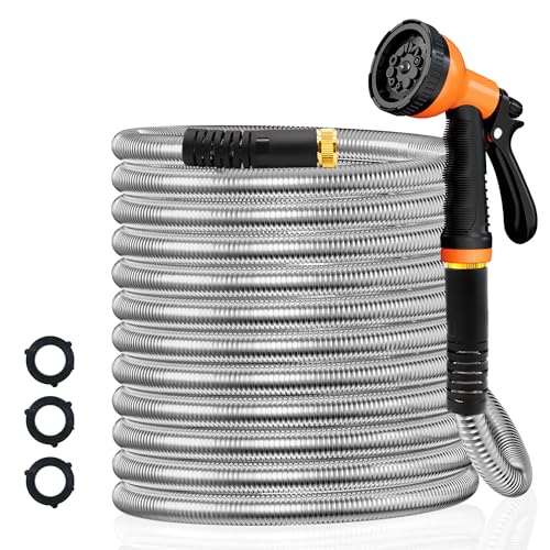 Besiter Garden Hose 75FT Stainless Steel Water Hose with 10 Functions Adjustable Spray Nozzle, Heavy-Duty Metal Garden Hose Flexible Durable No-Tangle & Kink Leak Dog Proof Hose for Yard Lawn(Orange) - Image 1