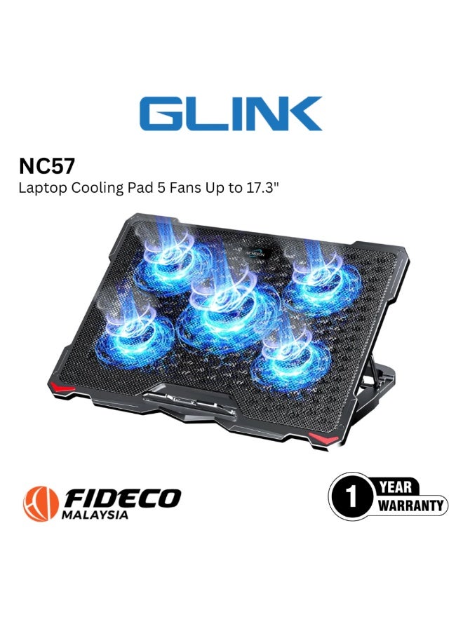 جلينك قاعدة تبريد لابتوب GLINK NC57 بخمس مراوح لأجهزة حتى 17.3 بوصة مع ارتفاع قابل للتعديل ومنفذي USB - Image 1
