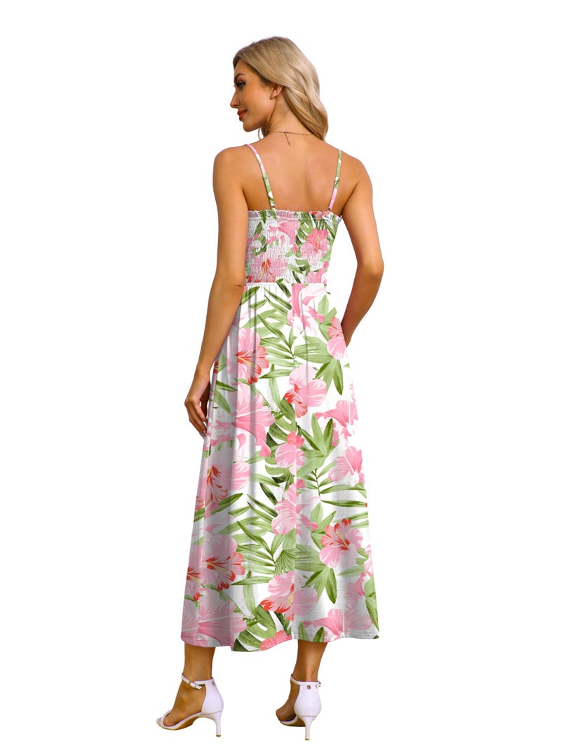 OFEEFAN Boho Maxi Dress Spaghetti Strap Business Casual Resort Wear Summer Sundresses for Women Spring Clothes Italian Beach Vacation Cruise Outfits Hawaii Floral L - Image 5