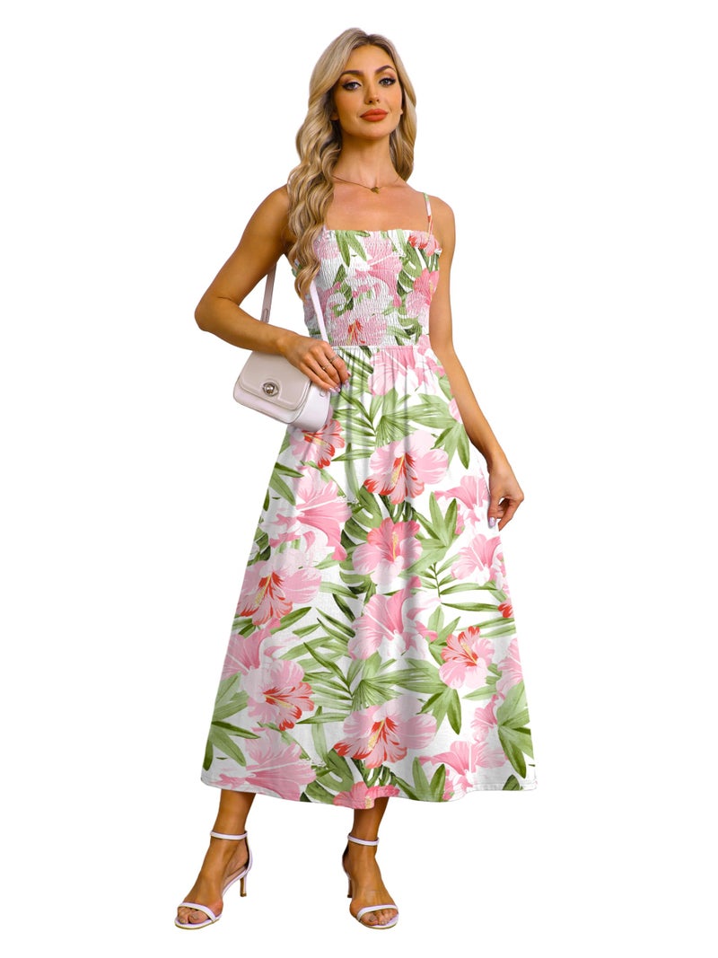 OFEEFAN Boho Maxi Dress Spaghetti Strap Business Casual Resort Wear Summer Sundresses for Women Spring Clothes Italian Beach Vacation Cruise Outfits Hawaii Floral L - Image 3