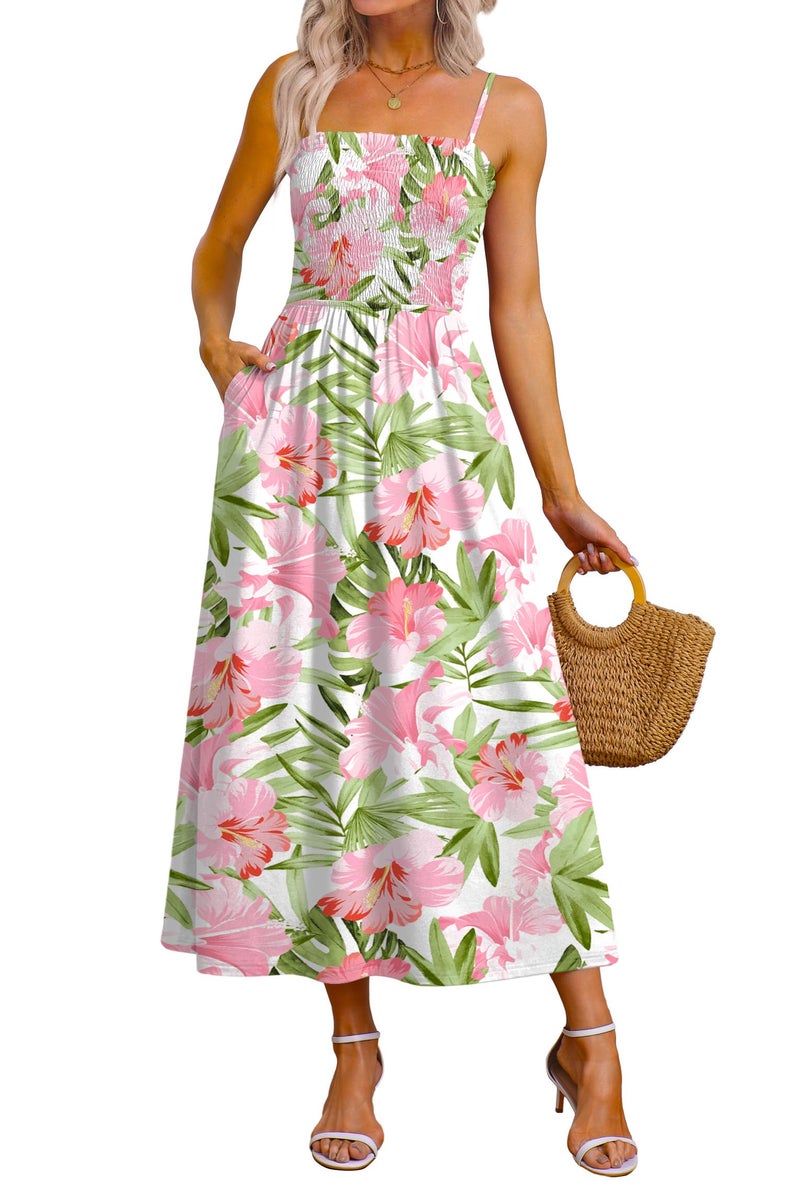 OFEEFAN Boho Maxi Dress Spaghetti Strap Business Casual Resort Wear Summer Sundresses for Women Spring Clothes Italian Beach Vacation Cruise Outfits Hawaii Floral L - Image 1