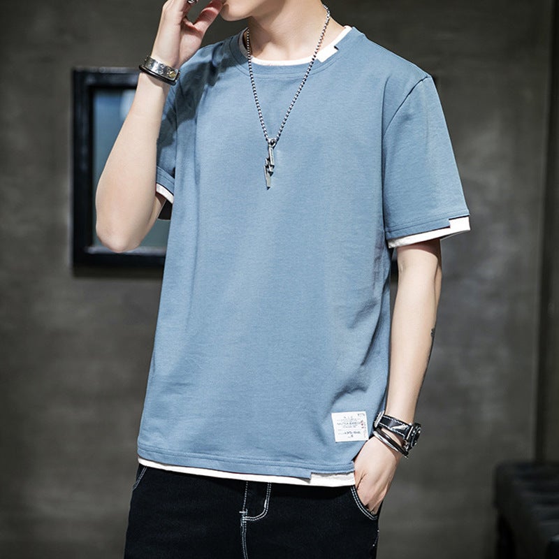 Short-sleeved T-shirt men's trendy fashion brand clothes summer men's five-sleeve summer student T-shirt fake two-piece solid color half-sleeve - Image 2