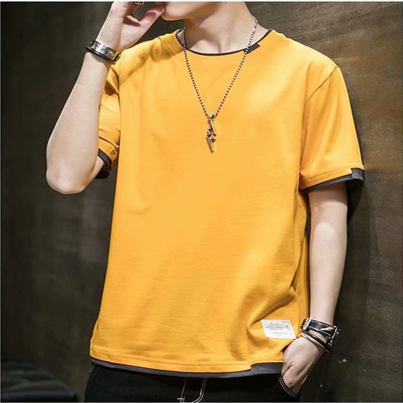 Short-sleeved T-shirt men's trendy fashion brand clothes summer men's five-sleeve summer student T-shirt fake two-piece solid color half-sleeve - Image 1