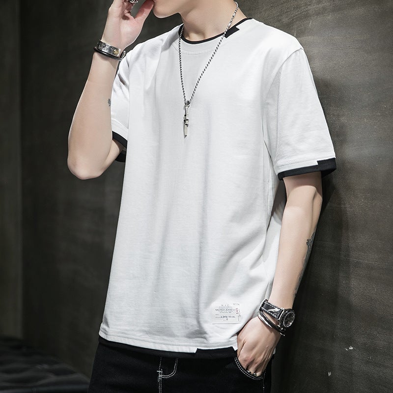 Short-sleeved T-shirt men's trendy fashion brand clothes summer men's five-sleeve summer student T-shirt fake two-piece solid color half-sleeve - Image 5