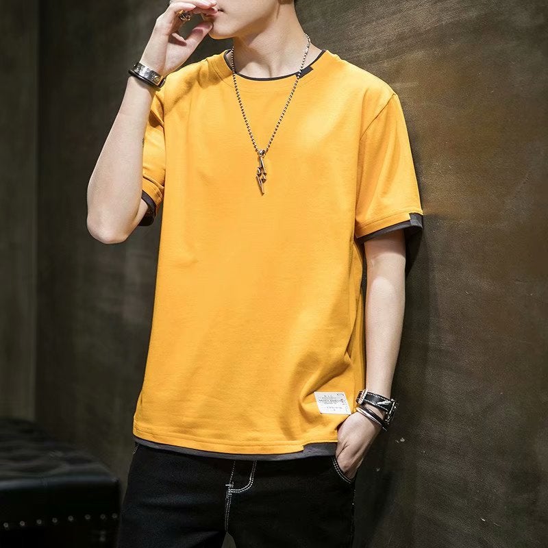 Short-sleeved T-shirt men's trendy fashion brand clothes summer men's five-sleeve summer student T-shirt fake two-piece solid color half-sleeve - Image 4
