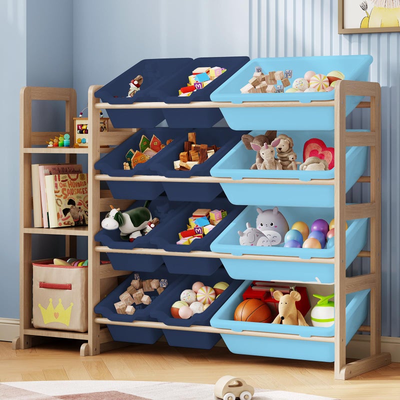 EXPERLAM Toy Storage Organizer - Toy Organizers and Storage with Bookshelf, Toy Storage Shelf with 3 Shelves and 12 Storage Bins, Kids Bookshelf and Toy Storage for Kids Room, Playroom, Bedroom, Nursery, Blue - Image 1
