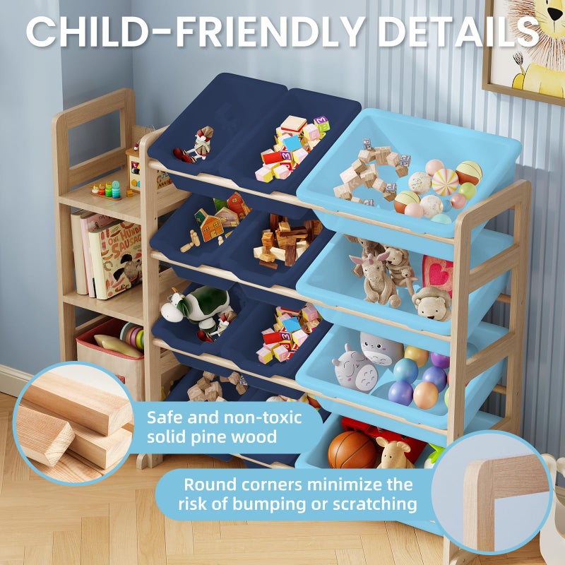 EXPERLAM Toy Storage Organizer - Toy Organizers and Storage with Bookshelf, Toy Storage Shelf with 3 Shelves and 12 Storage Bins, Kids Bookshelf and Toy Storage for Kids Room, Playroom, Bedroom, Nursery, Blue - Image 4