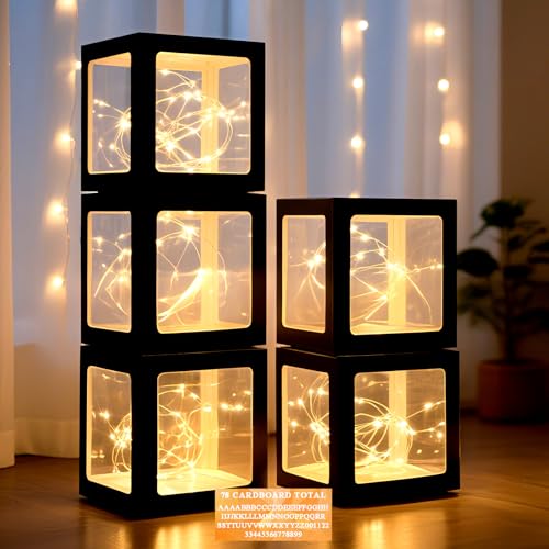 Ledido Transparent Balloon Boxes Clear Balloon Boxes with 5 Pcs String Lights and 78 Letters for Baby Shower Gender Reveal Grad Birthday Party Anniversary Bridal Wedding Decor 5 Black Boxes - Image 1