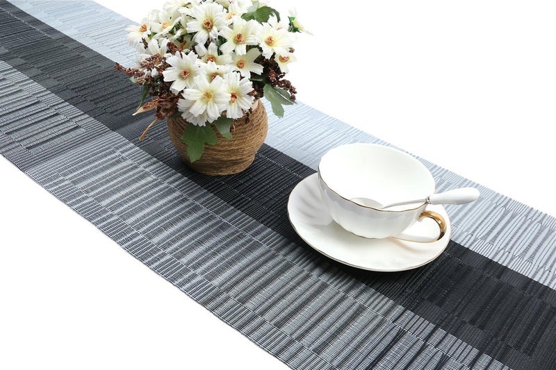 SHACOS Woven Vinyl Table Runners PVC Table Runners 12 x 36 inch Wipe Clean Reversible Plastic Weave Tabletop Counter Decor Mats Indoor Outdoor, Ombre Black and Gray - Image 4
