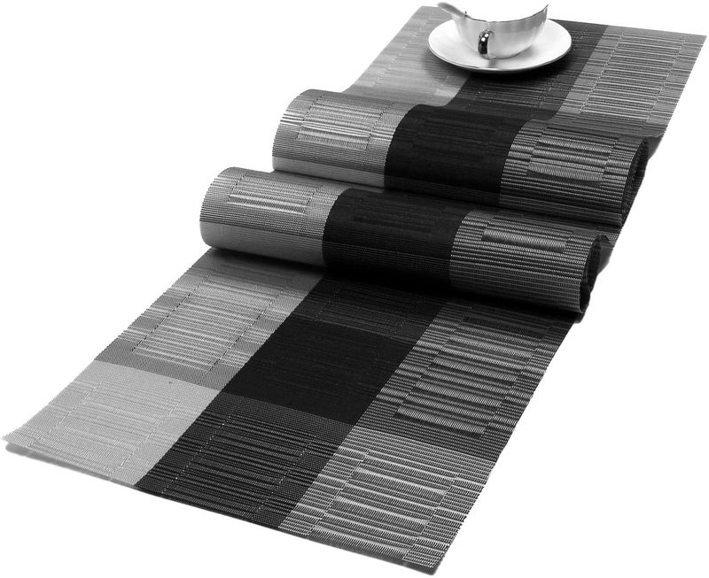 SHACOS Woven Vinyl Table Runners PVC Table Runners 12 x 36 inch Wipe Clean Reversible Plastic Weave Tabletop Counter Decor Mats Indoor Outdoor, Ombre Black and Gray - Image 1