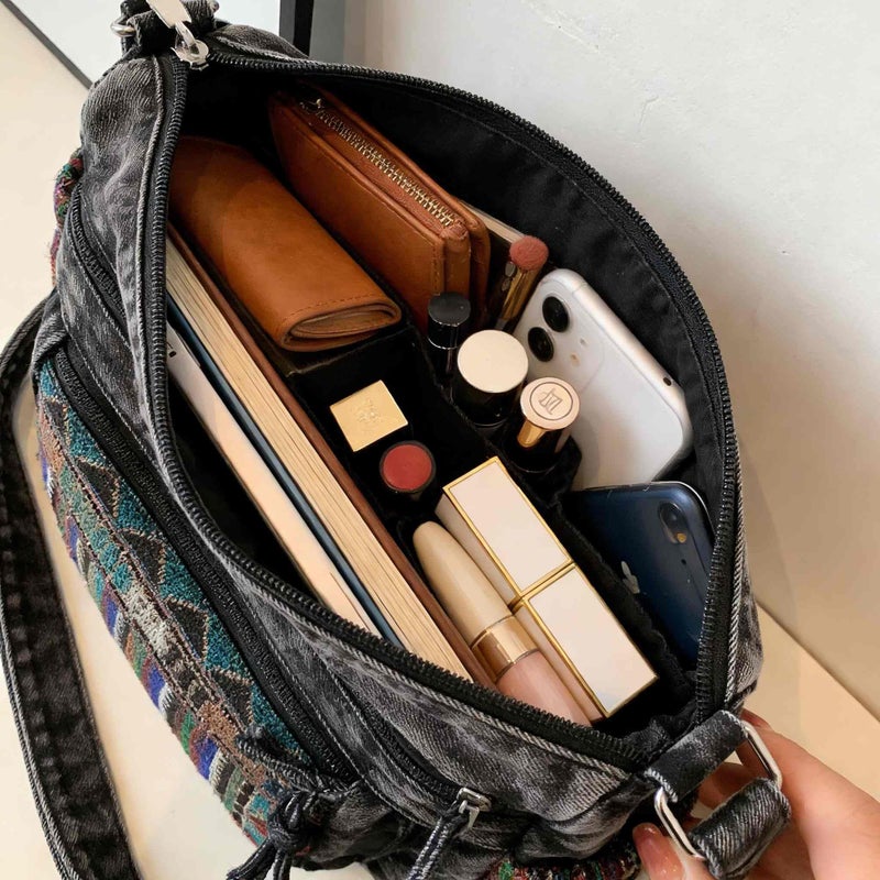 Winatehr Black Denim Purse Crossbody Bags, Small Boho Jean Bag for Women, Hobo Casual Hippie Crossbody Purse, Travel Cute Everyday Trendy Ladies Purse - Image 5