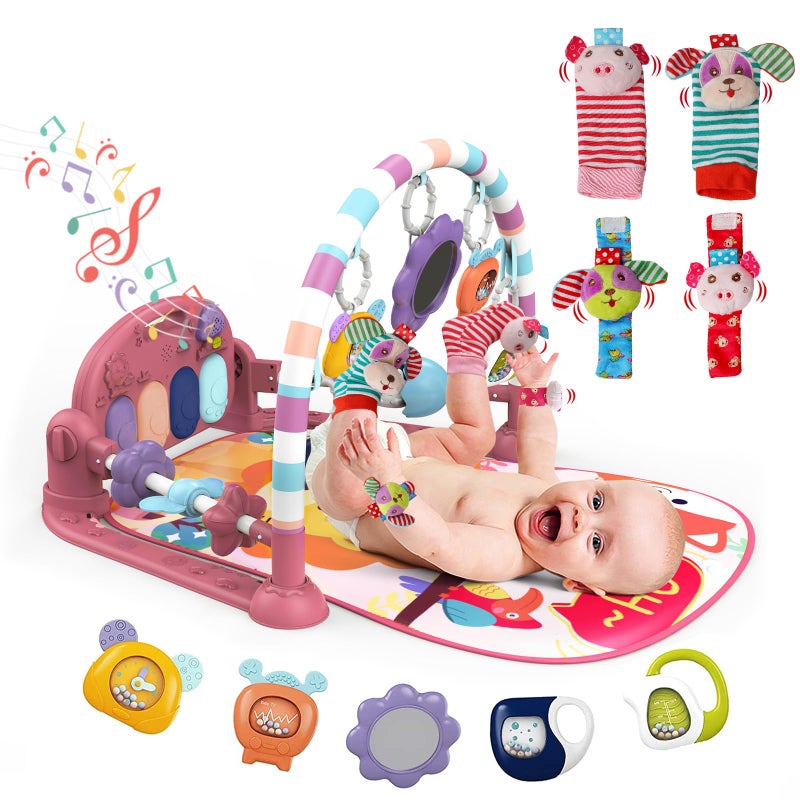 dearlomum Baby Play Mat GymFunny Play Piano Tummy Time Baby Activity Mat with 5 Infant Sensory Toys 4 Wrist Rattle Socks Boy Girl Gifts for Newborn 0 to 3 6 9 12 MonthsPink