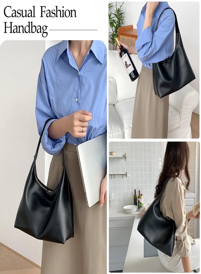JYG Leather Hobo Bags for Women Small Soft Shoulder Purse Black Slouchy Tote Handbag with Double Zipper Design 2025 - Image 2