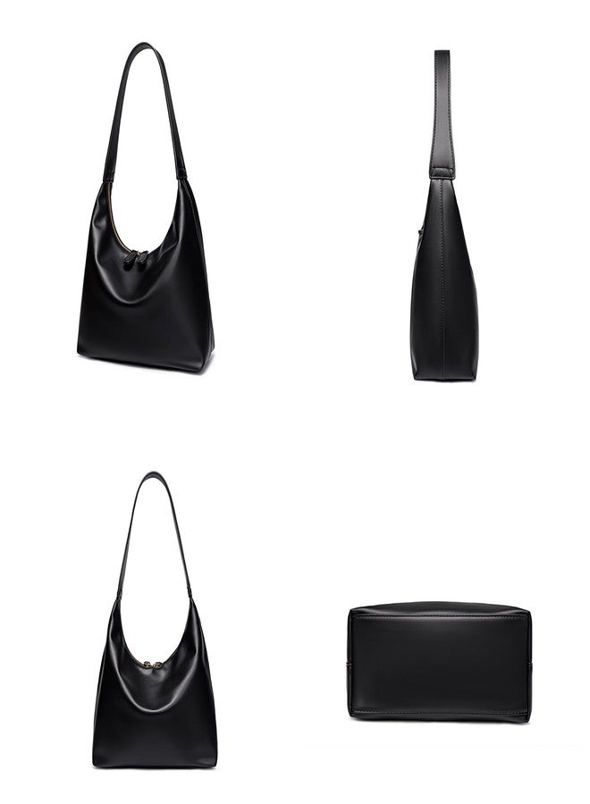 JYG Leather Hobo Bags for Women Small Soft Shoulder Purse Black Slouchy Tote Handbag with Double Zipper Design 2025 - Image 4