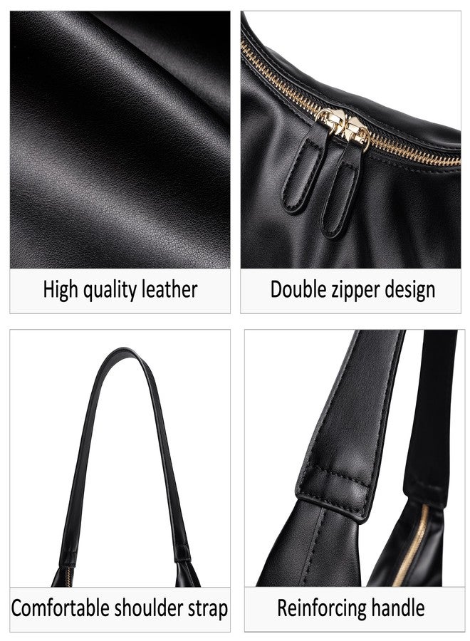 JYG Leather Hobo Bags for Women Small Soft Shoulder Purse Black Slouchy Tote Handbag with Double Zipper Design 2025 - Image 3