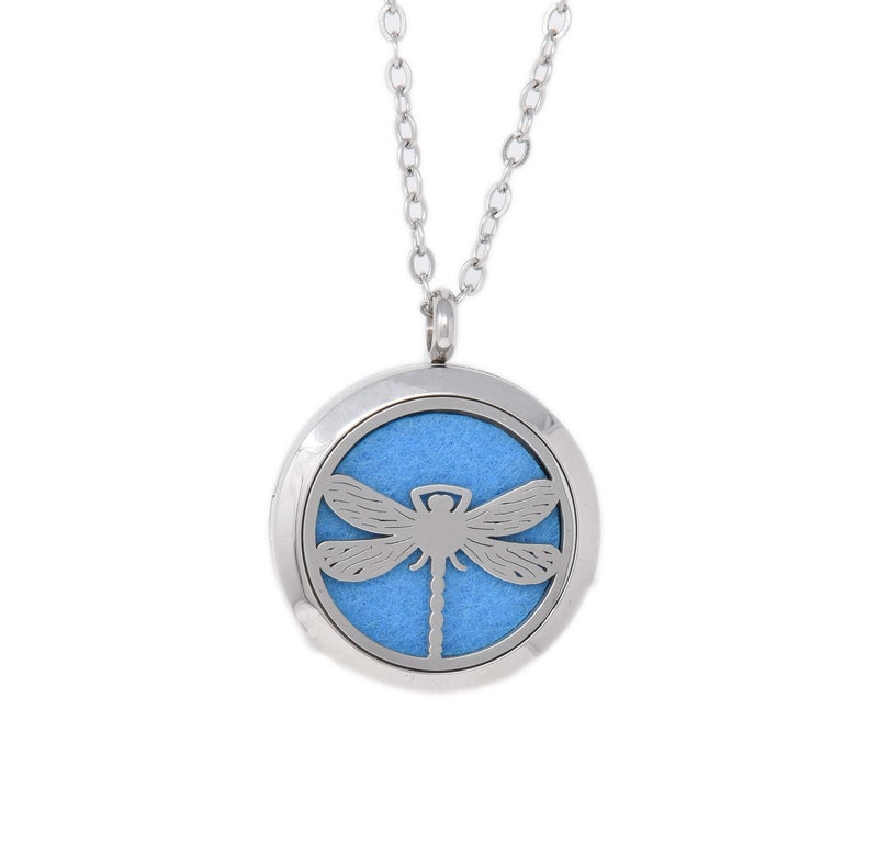 Aromatherapy Essential Oil Diffuser Stainless Steel Silver 30 MM Magnetic Locket Pendant 2 Sizes Chain Necklace Refill Pads Diffuser Bracelet in a Velvet Bag Dragonfly