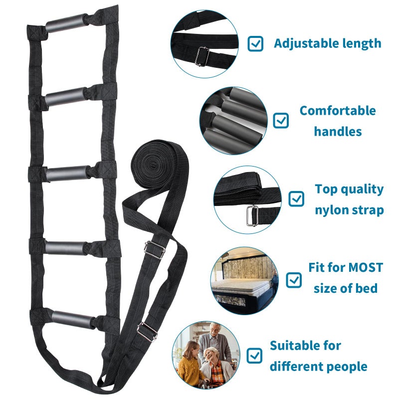 ZUEXT Bed Ladder Assist 160 Inch, Black Pull Up Assist Device w/ 5 Handles Grips, Adjustable Rope Ladder Straps, Sit Up Handle Helper for Elderly Seniors Adults Pregnant Injury Handicapped Patients - Image 3