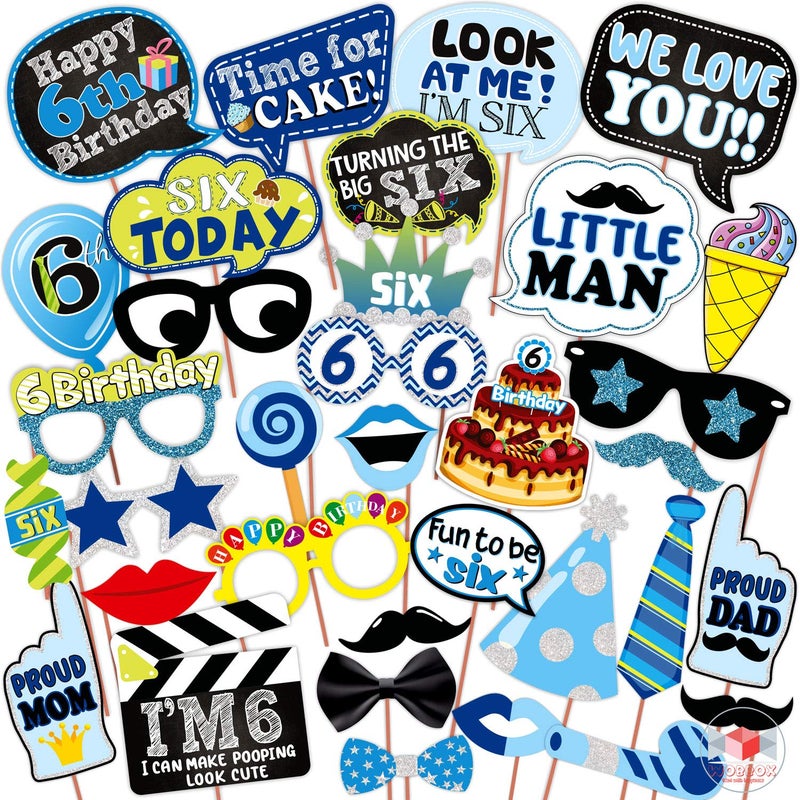 WOBBOX Sixth Birthday Photo Booth Party Props Blue for Baby Boy with 6th Birthday Bunting Banner for Baby Boy in Blue, 6th Birthday Decorations for Boys, Kids Birthday Party Decoration Items - Image 5