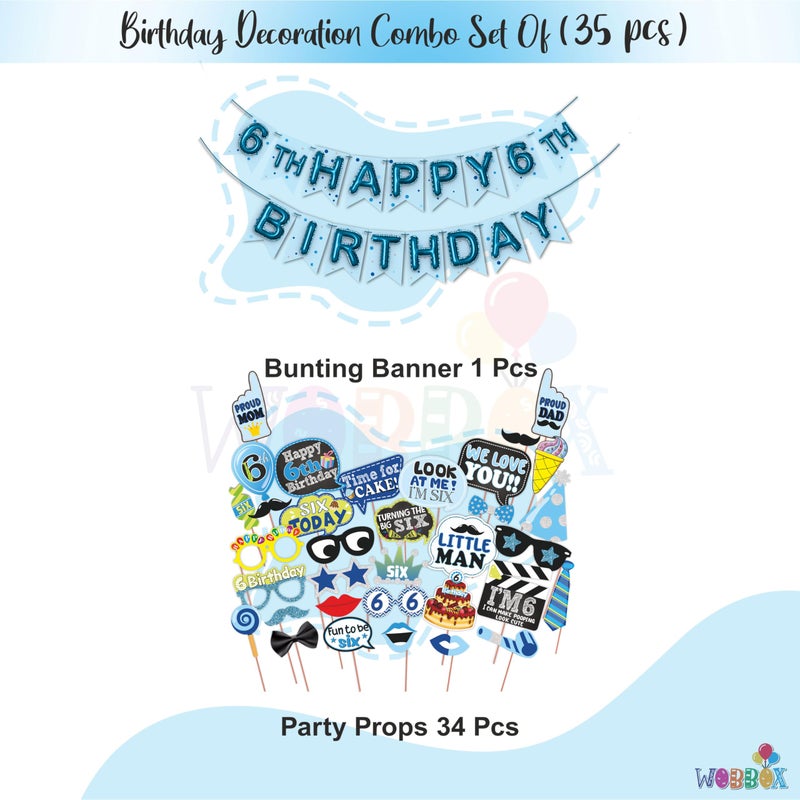 WOBBOX Sixth Birthday Photo Booth Party Props Blue for Baby Boy with 6th Birthday Bunting Banner for Baby Boy in Blue, 6th Birthday Decorations for Boys, Kids Birthday Party Decoration Items - Image 2