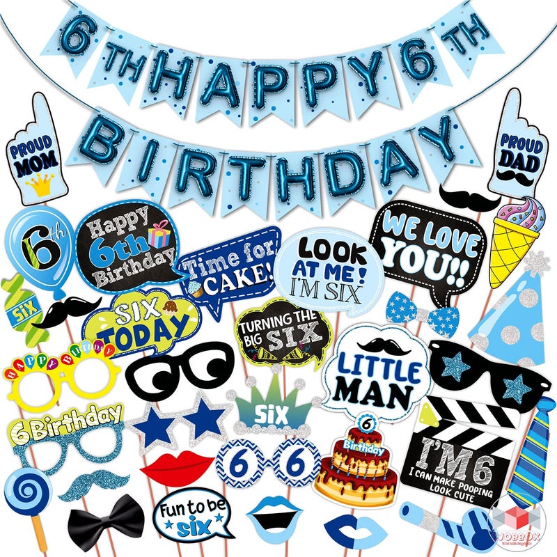 WOBBOX Sixth Birthday Photo Booth Party Props Blue for Baby Boy with 6th Birthday Bunting Banner for Baby Boy in Blue, 6th Birthday Decorations for Boys, Kids Birthday Party Decoration Items - Image 1