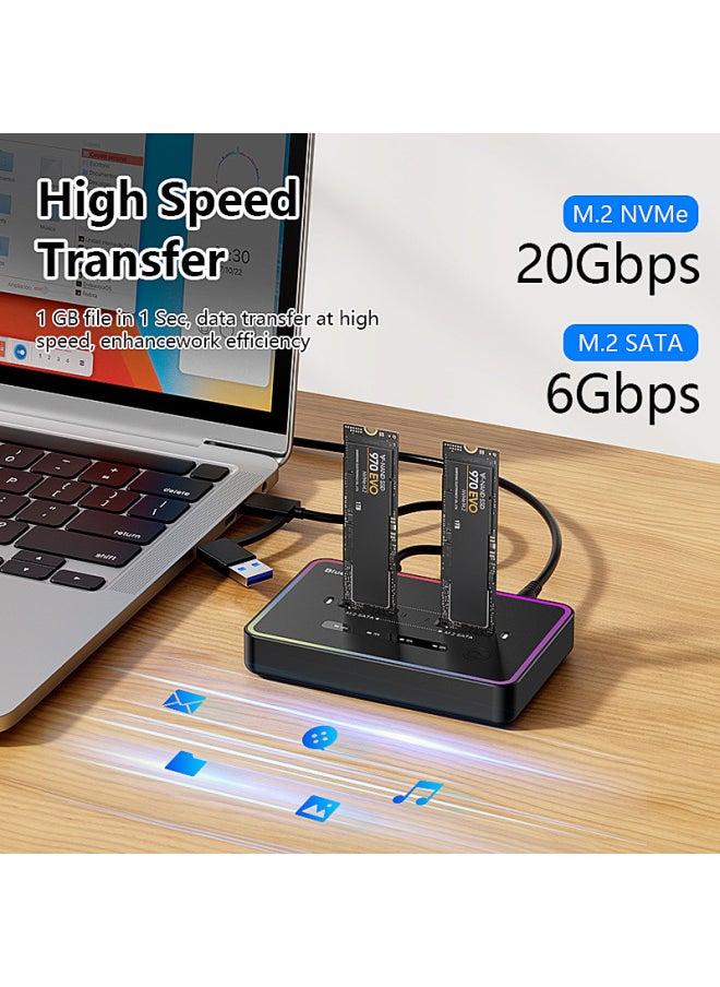 ماركة غير محددة Dual-Bay M.2 SSD Base NVMe/SATA بنقرة واحدة دون اتصال بالإنترنت 20 جيجا ناقل الحركة صندوق محرك الحالة الصلبة ABS مادة USB3.2 Gen2*2 واجهة اللون: أضواء RGB المبهرة [Sata مزدوج]]  - Image 4