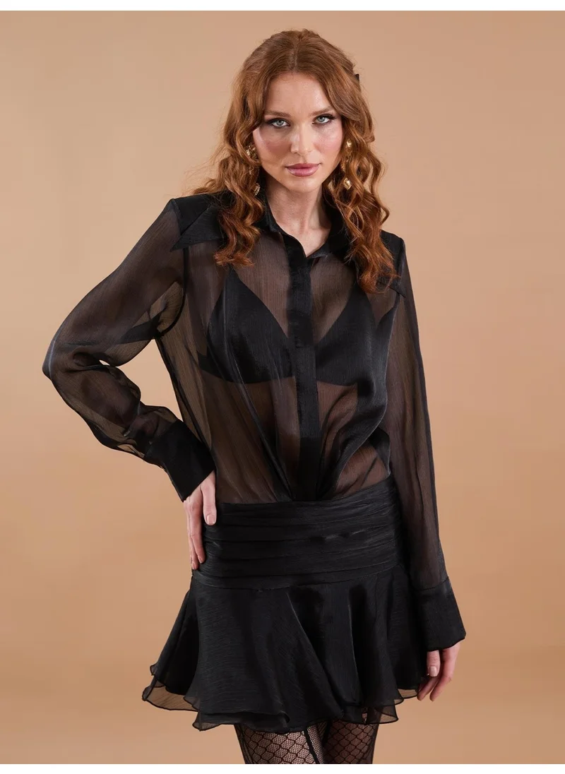 جاستي Organza Draped Flounce Mini Dress Black